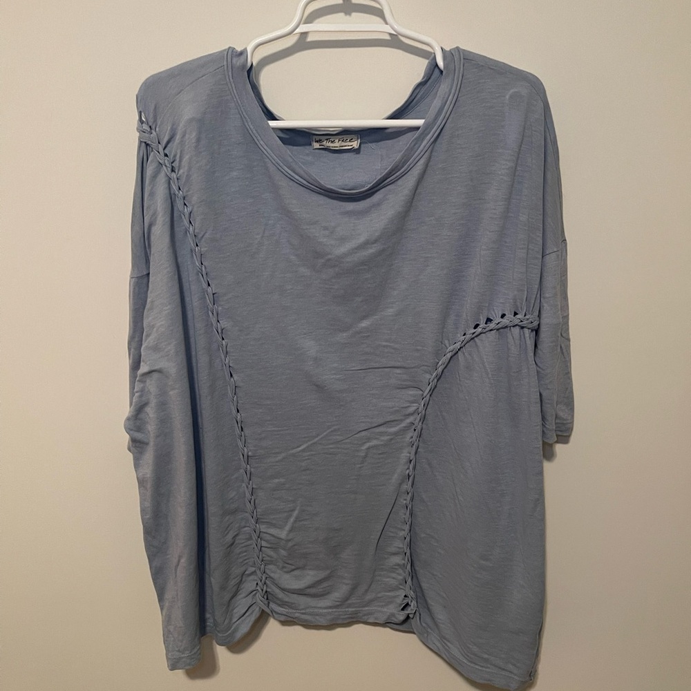 We The Free Sz Small Blue Oversized Distressed Braided Design Short Sleeved Top